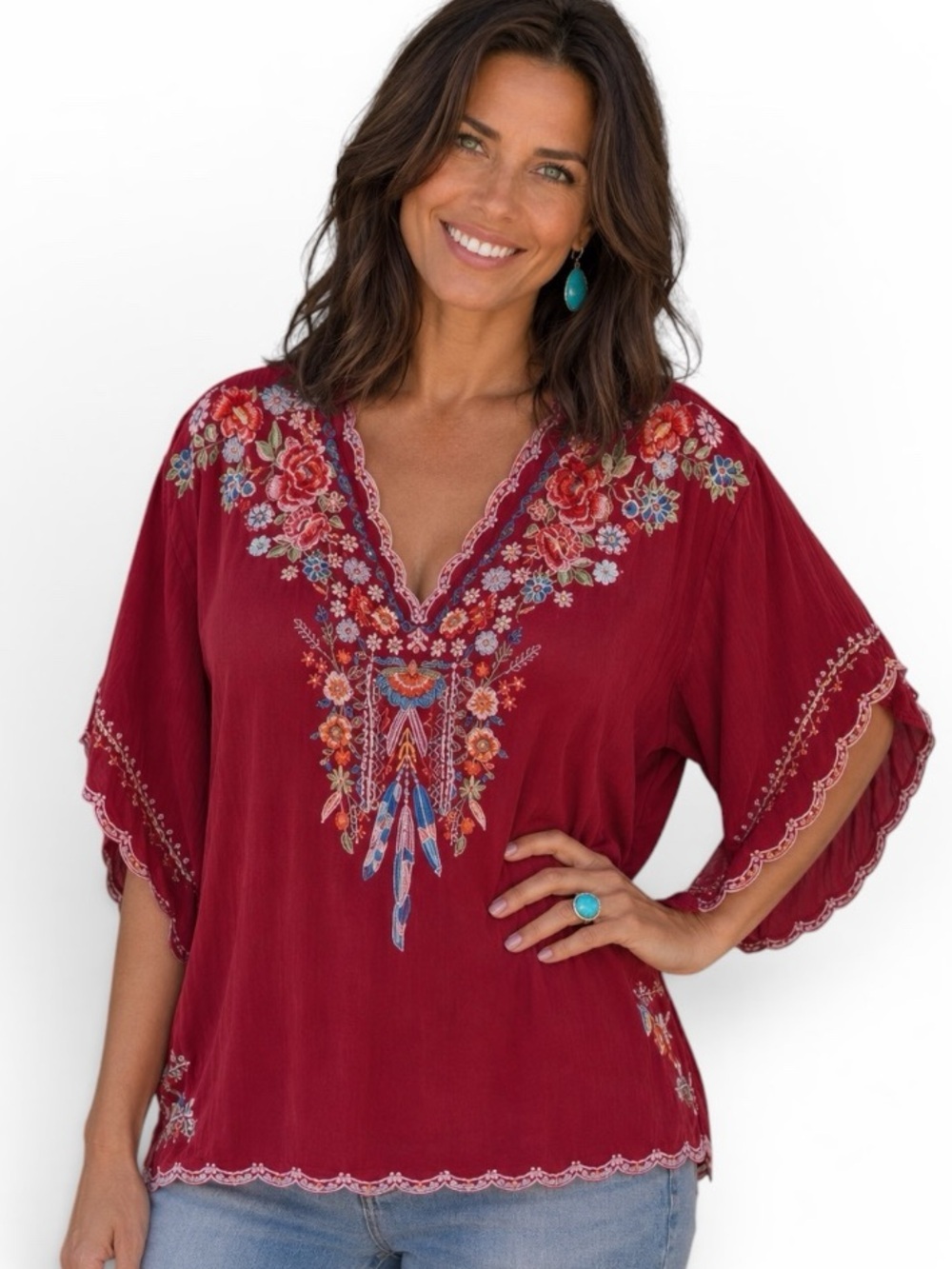 Johnny Was heavily embroidered Klarah feather blouse NWT